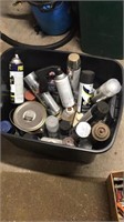 Tote of Spray Paints/paint supplies