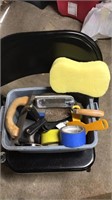 Tote of Drywall Tape, sponge, putty knives