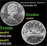 1965 Small Beads, Pointed 5 Canadian Dollar $1 Gra