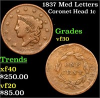1837 Med Letters Coronet Head Large Cent 1c Grades