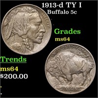1913-d TY I Buffalo Nickel 5c Grades Choice Unc