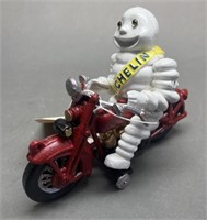 8" Cast Iron Michelin Man On Motorcycle