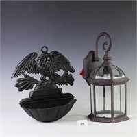 Hampton bay lantern and a black cast iron eagle wa