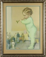 Vintage print of a child blowing horn with toy sol