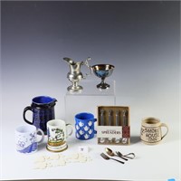 Three German mugs, Norway stoneware Pitcher, metal