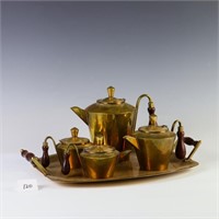 Vintage mid century brass tea/coffee set with wood