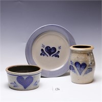 Three Rowe Pottery Works salt glazed vase/jar, bow