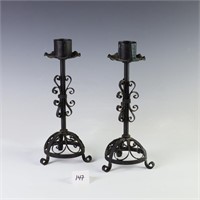 Vintage Tri footed wrought iron candlesticks 12” t