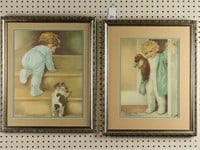 Two vintage children and pets prints 18X22” frames