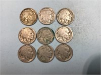 Nine Buffalo nickels