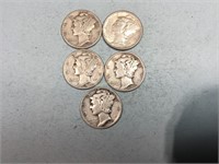 Five Mercury dimes, 1945