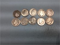 10 Roosevelt dimes, all 1940’s