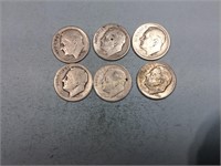 Six Roosevelt dimes, 1940’s