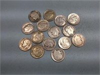 15 Roosevelt dimes, all 1950’s
