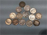 14 Roosevelt dimes, all 1950’s