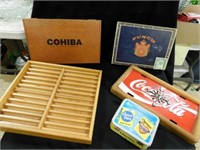 Misc. Cigar Boxes and Coca Cola Clock, Tin