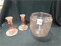 Pink Depression Glass Biscuit Jar & Candlesticks