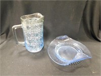 Blue Glass Federal Pattern Pitcher & Blue Dish