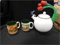 Hummingbird Teapot and 2 Mugs