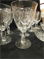 9 Glass Water Goblets and 3 Clear Glass Bowls