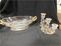 Large Bowl and Candle Holder w/ Gold Colored Trim