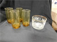4 Tall Amber Colored Glasses& Clear Glass Bowl