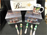 6 Christmas Mugs, Believe Dessert Plate, Knives