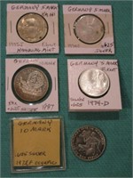 (5) Different 5 and 10 Mark Silver German Coins o