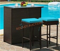 Costway Wicker Bar Table with Turquoise Cushions