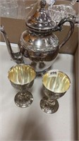2 Silver Toned Goblets & Coffee Pot