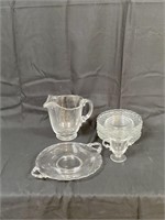 Glass water pitcher w/matching serving platter &