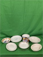Collection of plates/bowls and 2 Corning pie