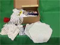 Box of handmade doilies and misc. knitting