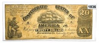 1864 Confederate States $20 Twenty Dollar Note -