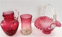 (3) PCS. VICTORIAN GLASS: HOBNAIL, ENAMELED & AMBE