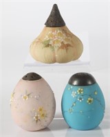 (3) SATIN GLASS SHAKERS, EGG FORM & FIG SHAPED MT.