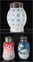(3) VICTORIAN GLASS SHAKERS, COIN SPOT & ENAMELED