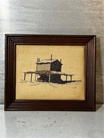 Vintage Cross Stitched Barn Building brown frame