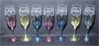 7 mid century etched colored champagne flutes S