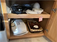 Cabinet of George Foreman Grill, Pyrex & Misc.