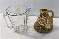 Floral Potter Pitcher  and Clear Glass Pitcher