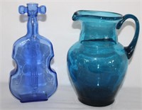 vintage hand blown blue glass pitcher and cello  S