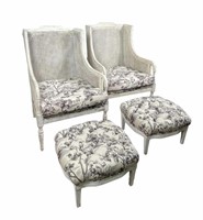 PAIR OF REGENCY STYLE ARMCHAIRS AND OTTOMANS