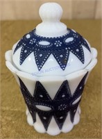 HAND PAINTED COVERED MILK GLASS JAR