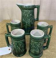 GREEN STONEWARE BEER PITCHER WITH 4 MUGS