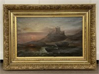 Antique Oil Painting - Moonlite Castle on Seashore