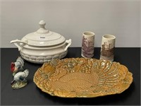 Turkey Platter, Covered Tureen, 2 Mugs & Shakers