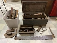 Large Group of Antique Wooden Tools & Tool Box