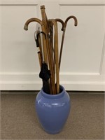 Pottery Vase, Group of Canes & Walking Sticks