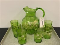Hand Blown Glass Water Pitcher w/ 6 Glasses